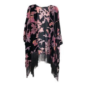Velvet Burnout Floral print kimono shawl cardigan wrap One Size Fringe Hem black
